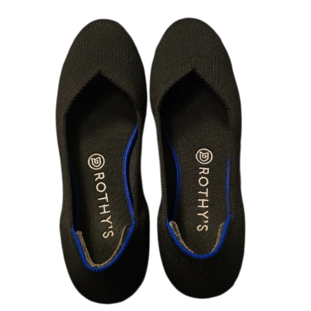 Rothy's Black Knit Slip-On Flats with Blue Trim